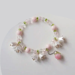 Vintage Lily Flower Pearl Bracelet Tassel Pendant Pink Peach