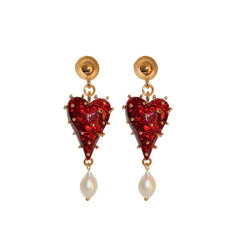 Vintage Love Heart Dangle Baroque Pearl Drop Earring