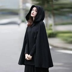 Vintage Medieval Poncho Cloak Hooded Cape Coat Black / S