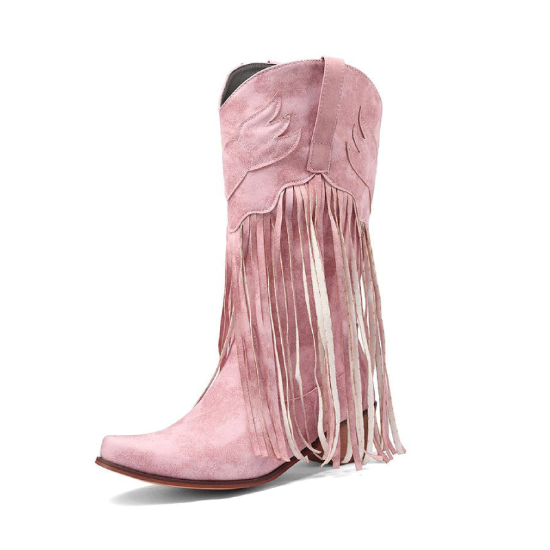 Vintage Mid Calf Western Tassels Fringe Cowboy Boots - Pink