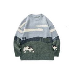 Vintage Prairie Cow Pattern Sweater - Dark Green / M