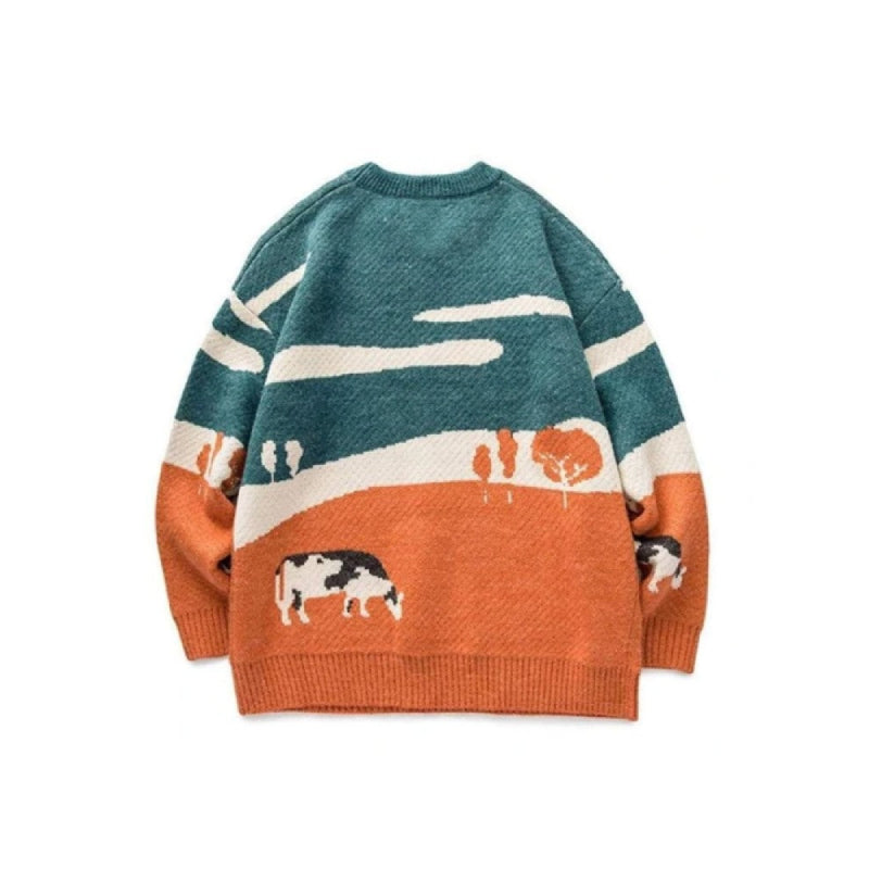 Vintage Prairie Cow Pattern Sweater - Green orange / M
