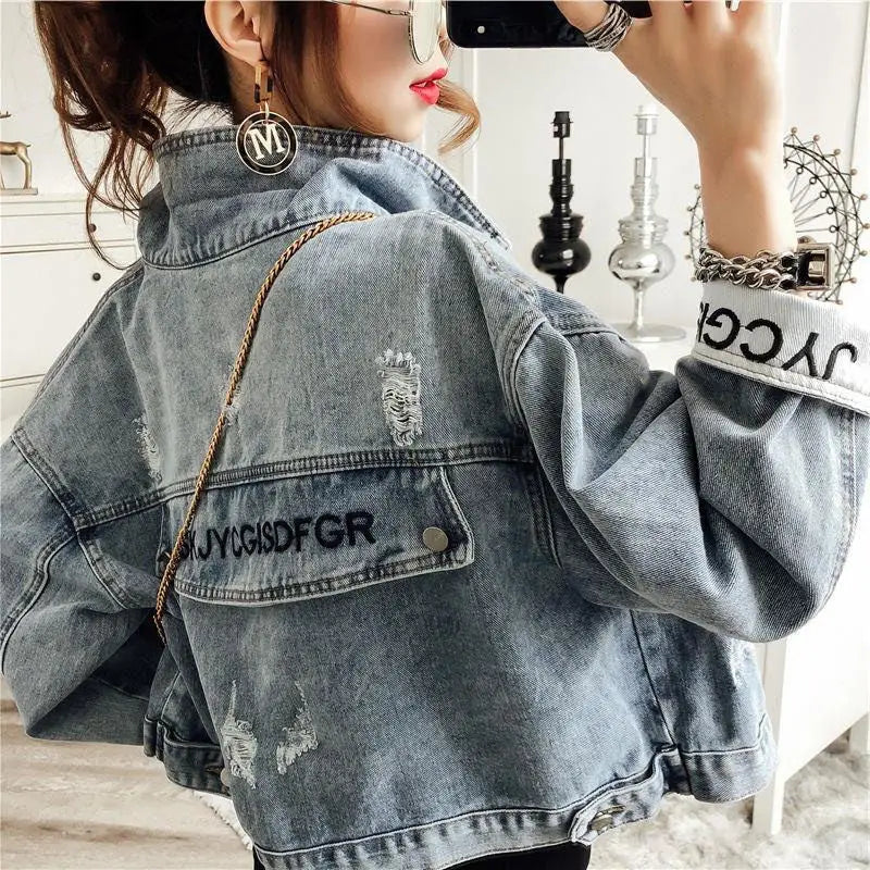 Vintage Ripped Letters Denim Jacket