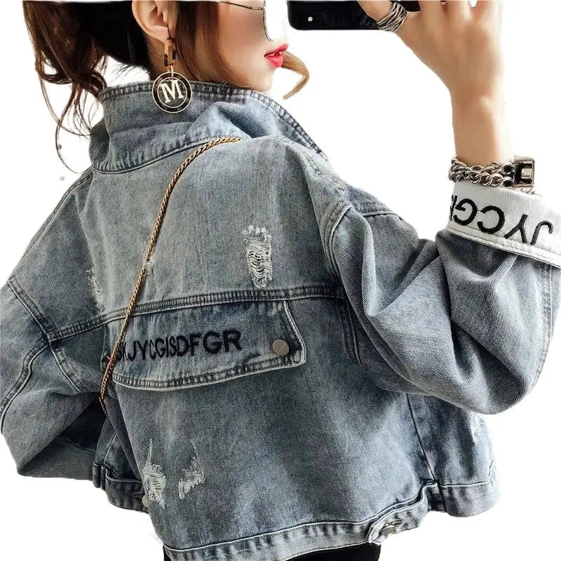 Vintage Ripped Letters Denim Jacket