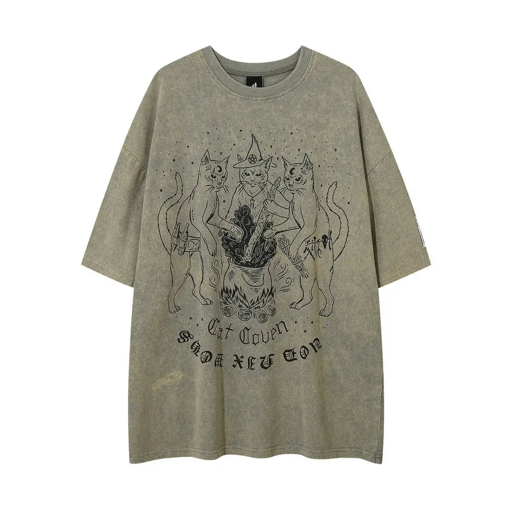 Vintage Streetwear Cat Coven Xie Dou T Shirt Army Green / M