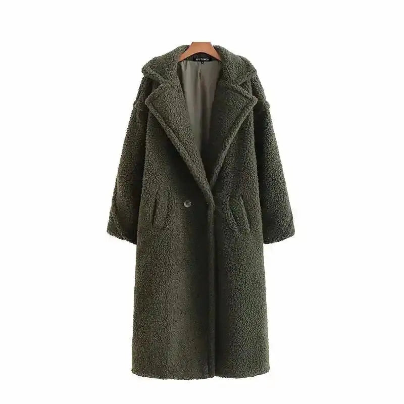 Warm Faux Fur Coat with Fashion Pockets Army Green / S