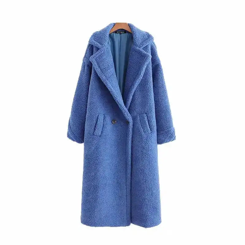 Warm Faux Fur Coat with Fashion Pockets Blue / S