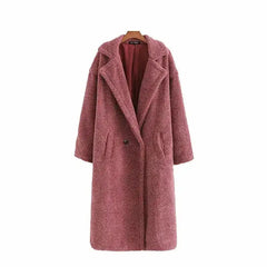Warm Faux Fur Coat with Fashion Pockets Burgundy / S