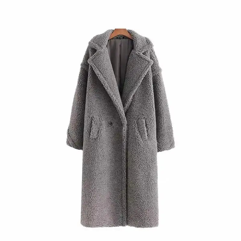 Warm Faux Fur Coat with Fashion Pockets Gray / S