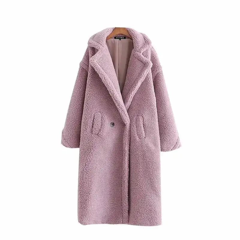 Warm Faux Fur Coat with Fashion Pockets Lavender / S