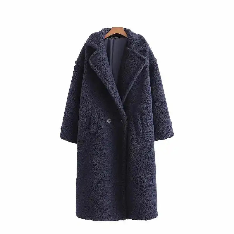 Warm Faux Fur Coat with Fashion Pockets Navy Blue / S