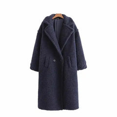 Warm Faux Fur Coat with Fashion Pockets Navy Blue / S