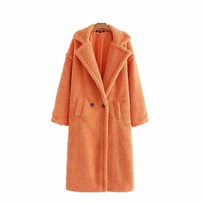 Warm Faux Fur Coat with Fashion Pockets Orange / S
