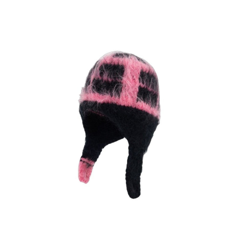 Warm Fluffy Fur Knit With Ear Flaps Beanie - Pink -Black /