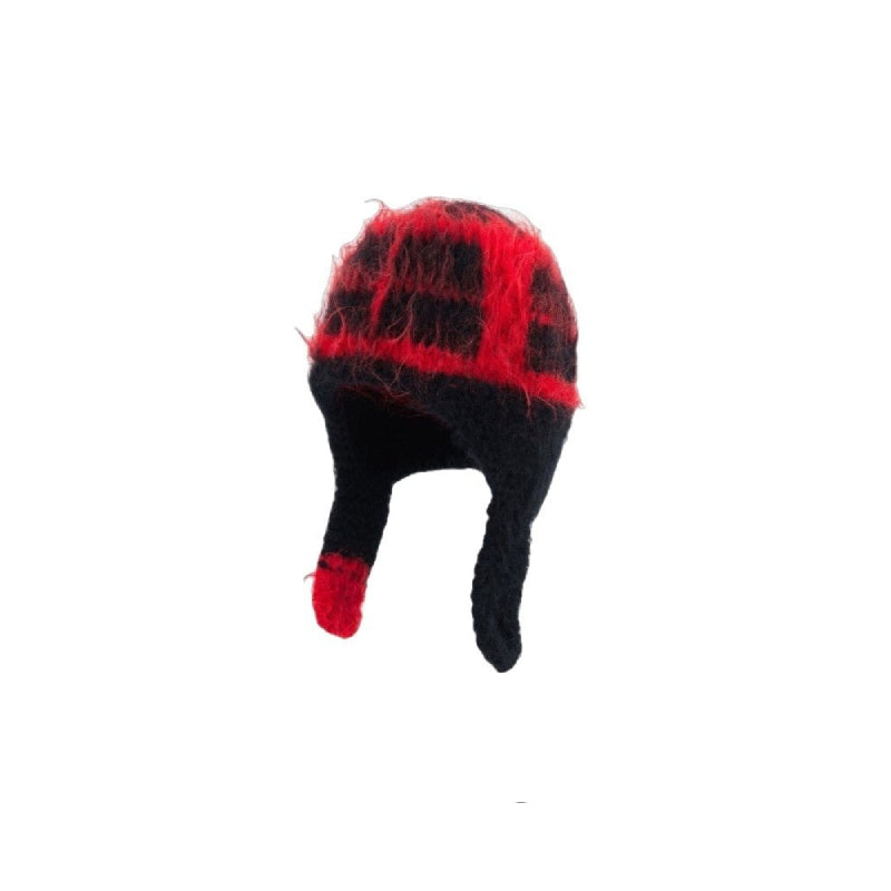 Warm Fluffy Fur Knit With Ear Flaps Beanie - Red-Black / One