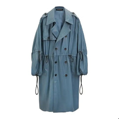 Waterproof Blue PU Leather Trench Coat