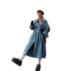 Waterproof Blue PU Leather Trench Coat