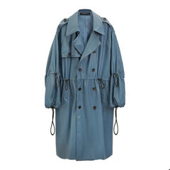 Waterproof Blue PU Leather Trench Coat
