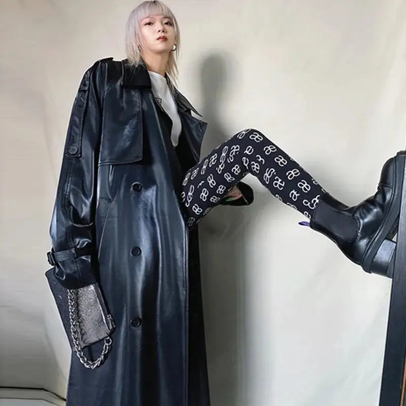 Waterproof Shiny Oversized Long Patent Leather Coat