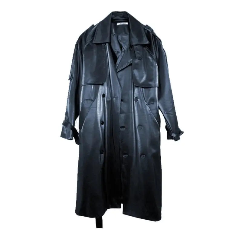 Waterproof Shiny Oversized Long Patent Leather Coat - Black