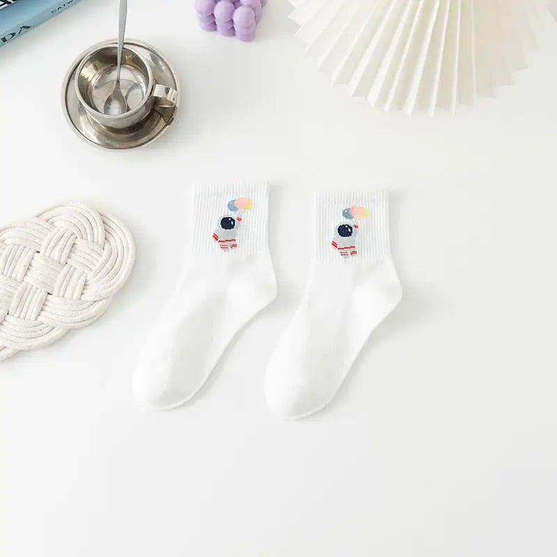 White And Fancy Cotton Socks - White-Astronaut / One Size