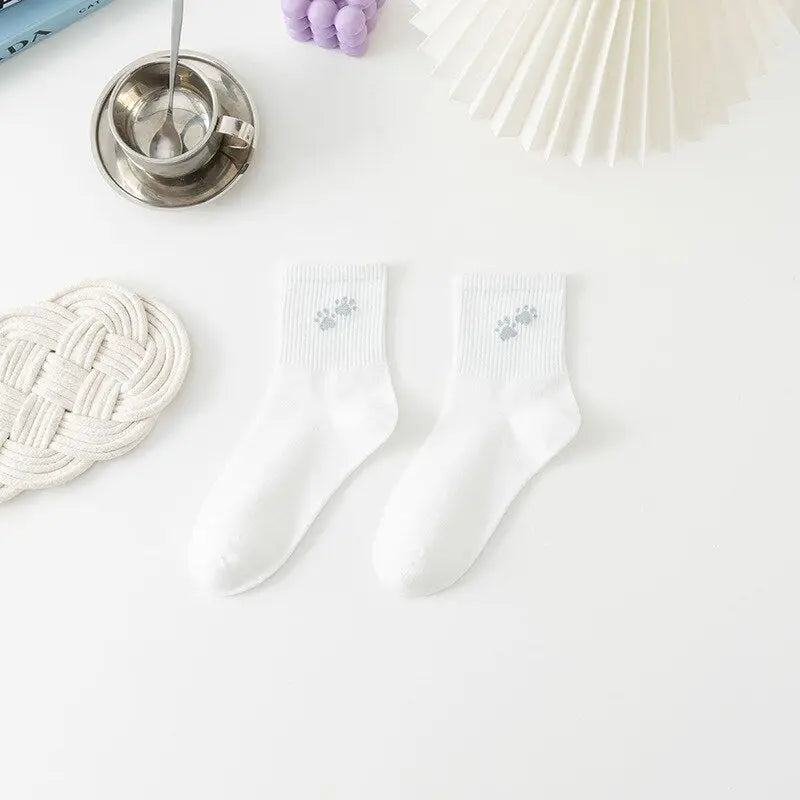 White And Fancy Cotton Socks - White-Foot Prints / One Size