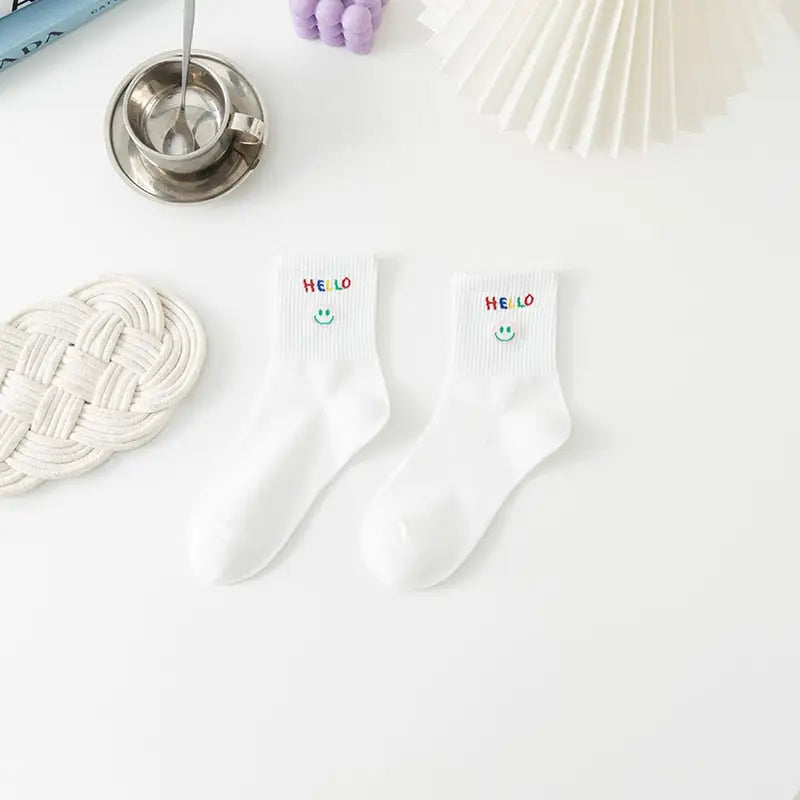 White And Fancy Cotton Socks - White-Hello / One Size