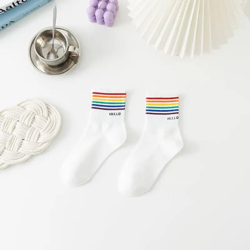White And Fancy Cotton Socks - White-Rainbow / One Size