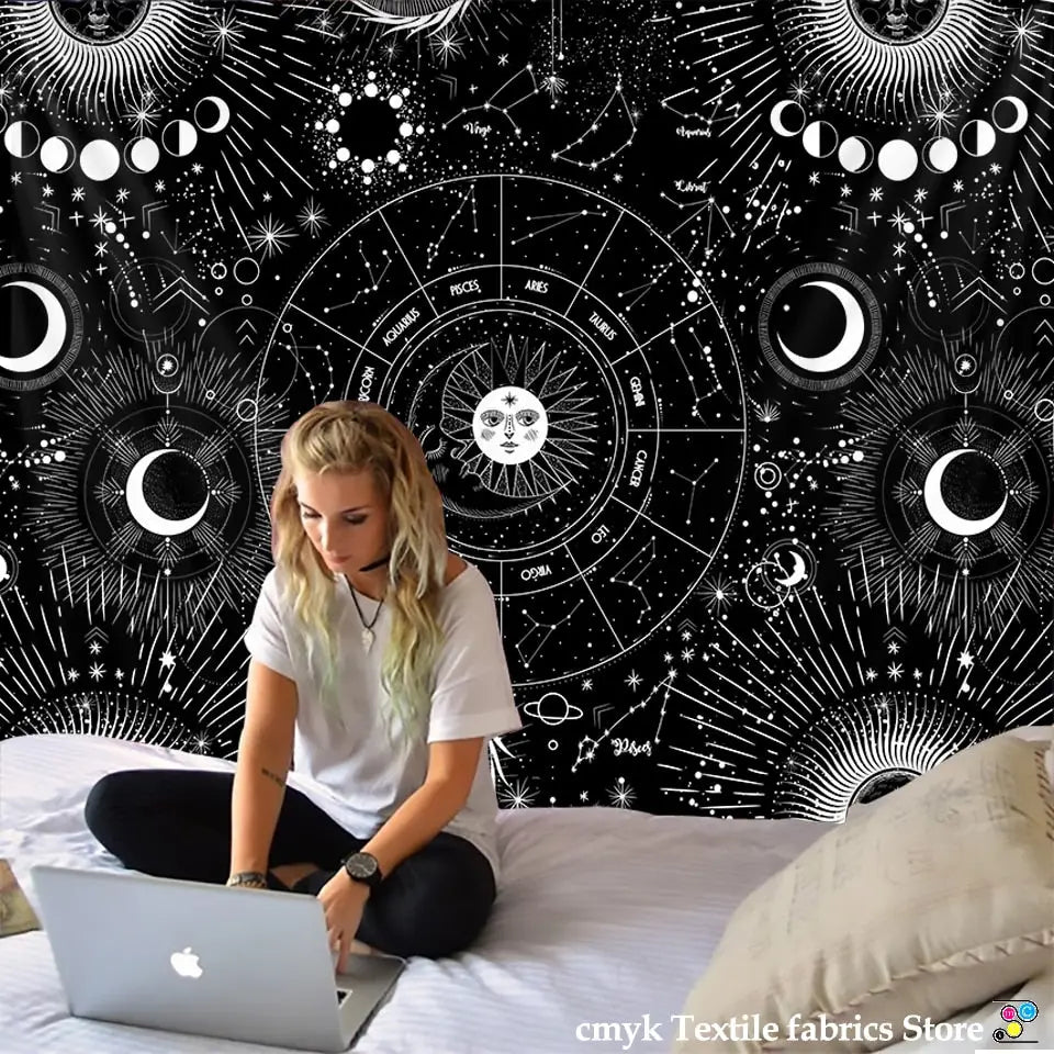 White Black Sun Moon Mandala Starry Sky Tapestry Wall