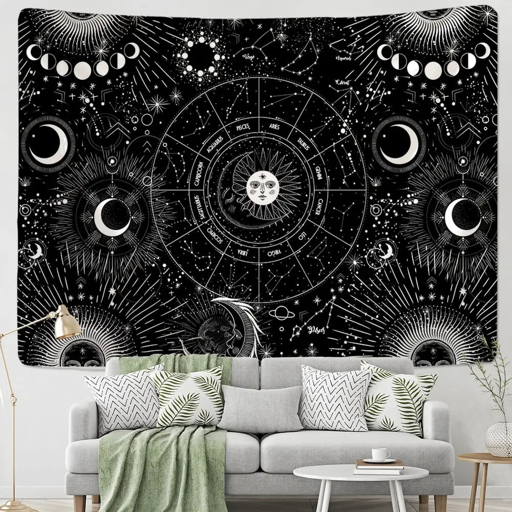 White Black Sun Moon Mandala Starry Sky Tapestry Wall