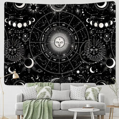 White Black Sun Moon Mandala Starry Sky Tapestry Wall