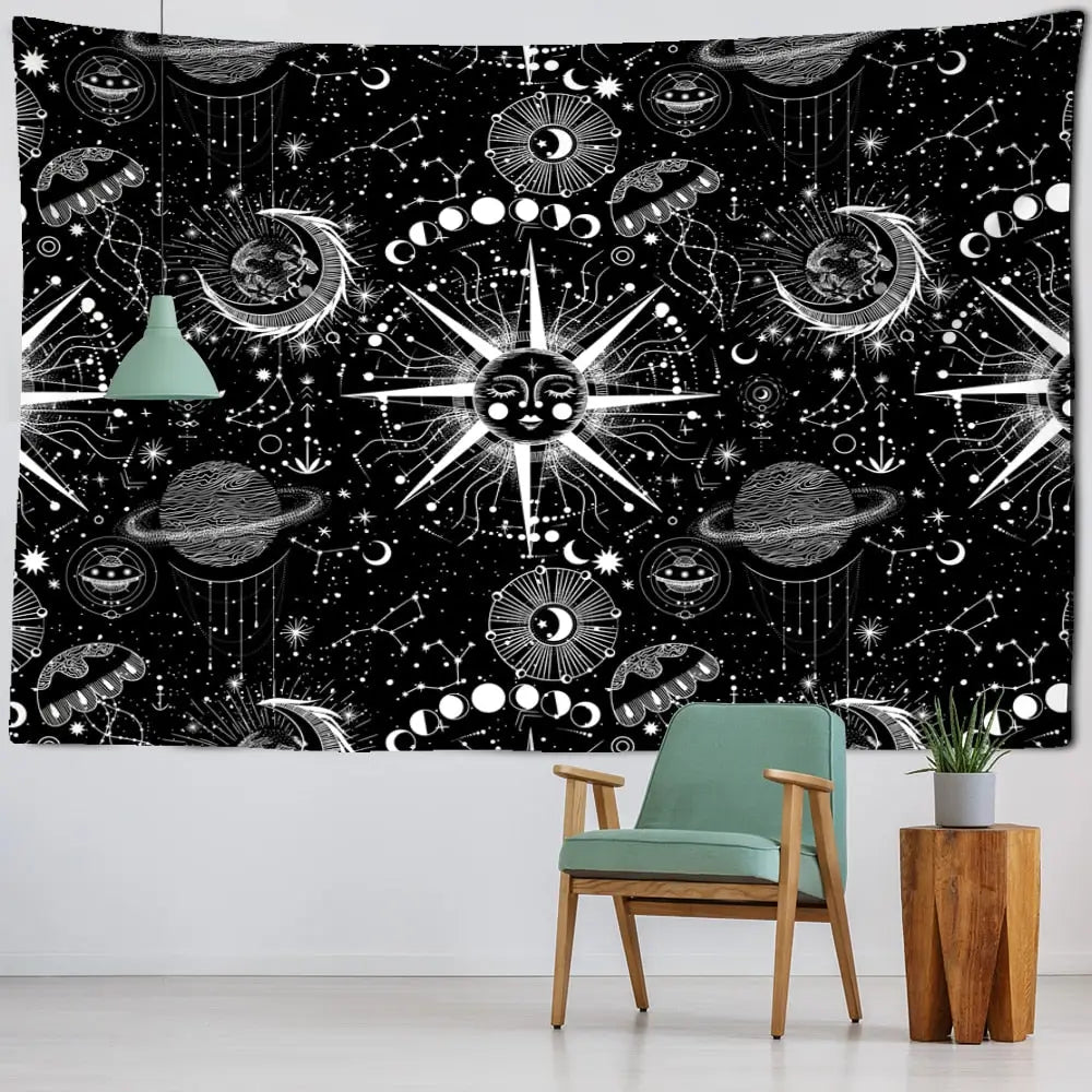 White Black Sun Moon Mandala Starry Sky Tapestry Wall - B
