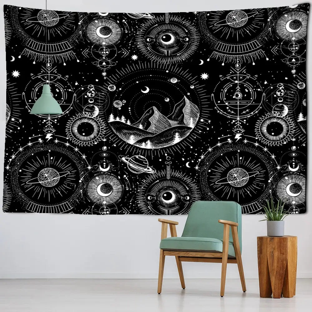 White Black Sun Moon Mandala Starry Sky Tapestry Wall - C