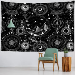 White Black Sun Moon Mandala Starry Sky Tapestry Wall - C