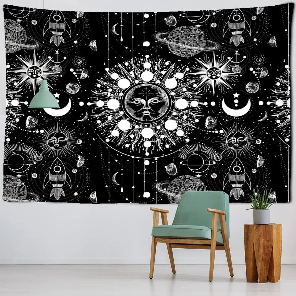 White Black Sun Moon Mandala Starry Sky Tapestry Wall - D