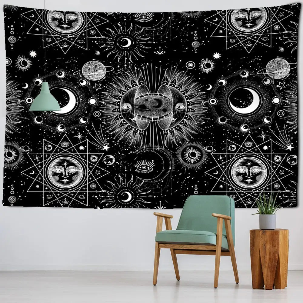 White Black Sun Moon Mandala Starry Sky Tapestry Wall - E