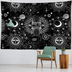 White Black Sun Moon Mandala Starry Sky Tapestry Wall - E