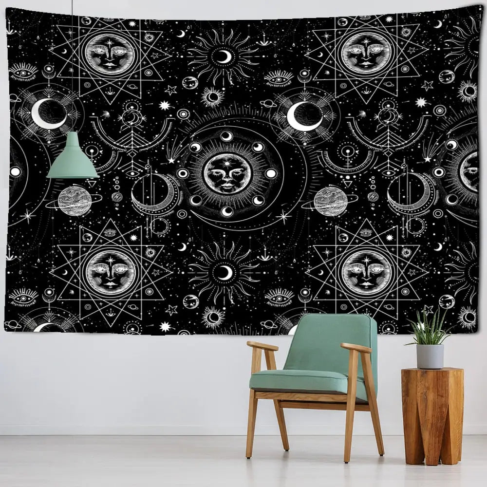 White Black Sun Moon Mandala Starry Sky Tapestry Wall - F