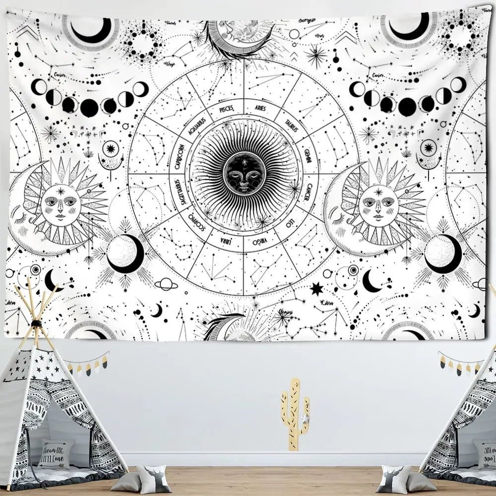 White Black Sun Moon Mandala Starry Sky Tapestry Wall - G