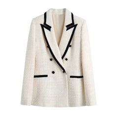 White Black Tweed Double Breasted Long Sleeve Blazer