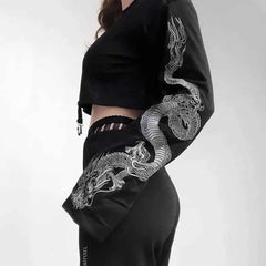 Dragon Design Long Sleeve T-shirt Black Round Neck Crop Top