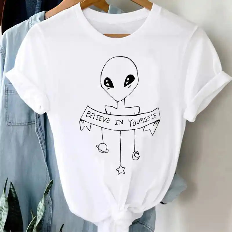 White Funny Cartoon Print T Shirt for Men and Women Alien