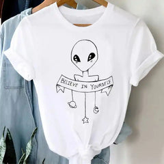 White Funny Cartoon Print T Shirt for Men and Women Alien