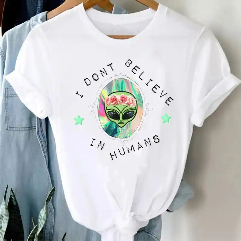 White Funny Cartoon Print T Shirt for Men and Women Alien.