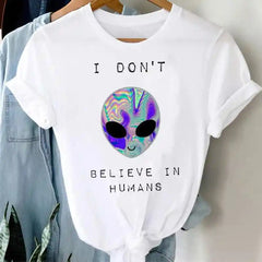 White Funny Cartoon Print T Shirt for Men and Women Alien