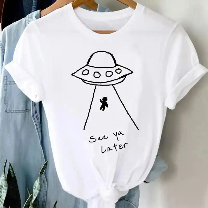 White Funny Cartoon Print T Shirt for Men and Women Alien