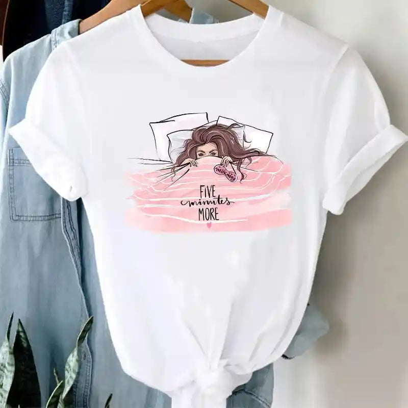 White Funny Cartoon Print T Shirt for Men and Women Bed / S
