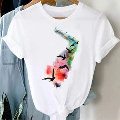 White Funny Cartoon Print T Shirt for Men and Women Birds