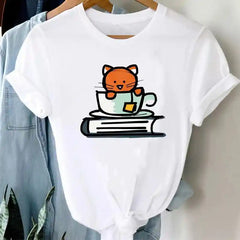 White Funny Cartoon Print T Shirt for Men and Women Cat