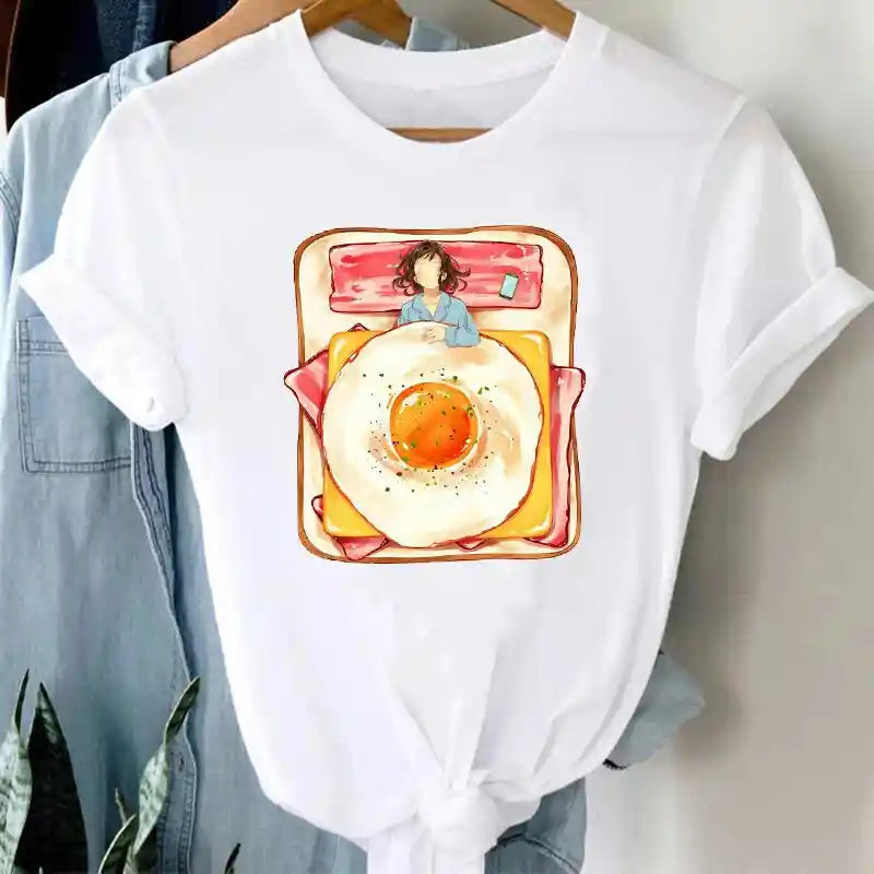 White Funny Cartoon Print T Shirt for Men and Women Egg